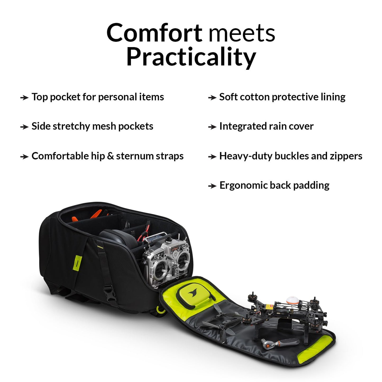 TORVOL - Quad PITSTOP Backpack V2, Compact FPV Drone Backpack for 2 Drones, Fits DJI Mini 3, Mini 4 Pro, DJI Neo, with Laptop Compartment, Waterproof Rain Cover, Black & Green, 25L