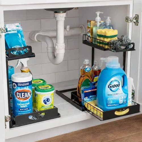 ClearSpace Under Sink Organizer - 2 Pack Pull-Out Cabinet Organizers with Metal Sliding Drawers | Black