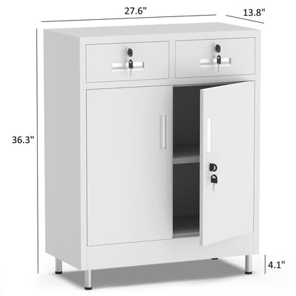 JINGUR Metal Storage Cabinet with Locking Doors and 2 Drawers, Lockable Storage Cabinet with Adjustable Shelf for Home Office Garage Entryway Pantry (White)