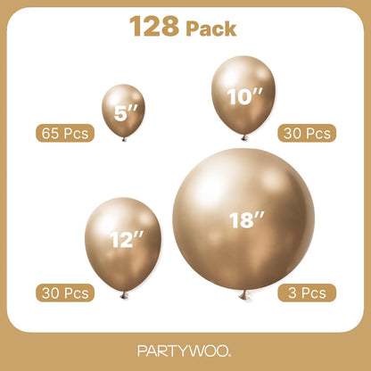 PartyWoo Metallic Gold Balloons - 128-Piece Chrome Gold Balloon Arch Kit for Celebrations | 18", 12", 10", 5" Sizes