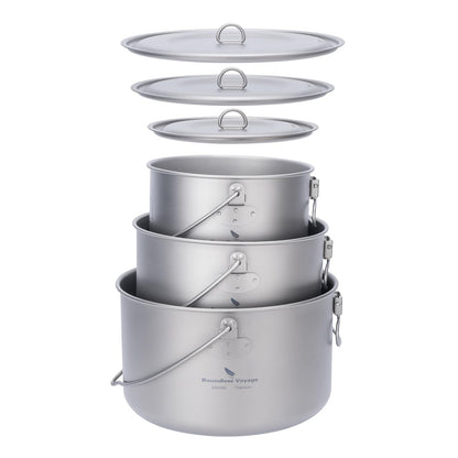 iBasingo 3-Piece Titanium Pot Set (1.3L+1.95L+2.9L) with Lids Ultralight Camping Cookware for Backpacking, Hiking & Outdoor Cooking, Nesting Backpacker Pots with Measurement Marks Ti2056C