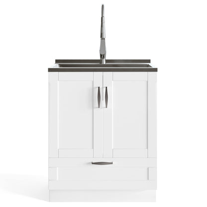 SIMPLIHOME Reed All-in-One 28 inch Wide Utility Sink and Laundry Cabinet in Pure White Finish, Transitional Stainless Steel Sink Cabinet for Laundry Rooms with High-Arch Chrome Faucet and Storage
