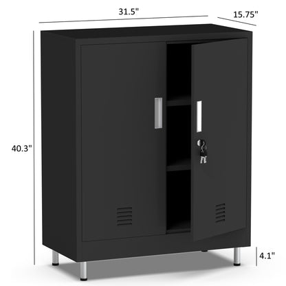 JINGUR Metal Storage Cabinet with Locking Doors and 2 Adjustable Shelves, Lockable Storage Cabinet for Home Office Garage Pantry Living Room (Black)