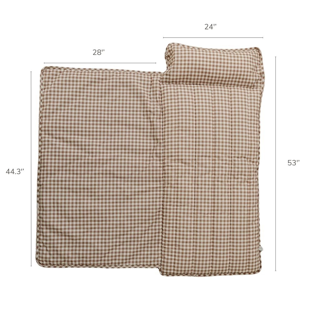 Bloomere Organic Toddler Nap Mat – 100% Cotton Fabric Kids Washable Sleeping Mat & Detachable Pillow – Sleeping Bag with Soft 1.5” Pad – Nap Mat for Daycare, Preschool, & Sleepovers (Brown Gingham)
