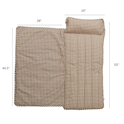 Bloomere Organic Toddler Nap Mat – 100% Cotton Fabric Kids Washable Sleeping Mat & Detachable Pillow – Sleeping Bag with Soft 1.5” Pad – Nap Mat for Daycare, Preschool, & Sleepovers (Brown Gingham)