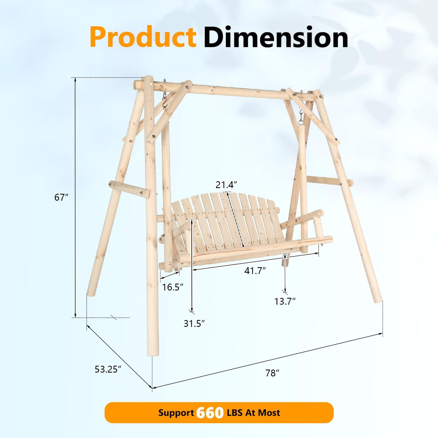 VINGLI Heavy Duty 880 LBS Wooden Patio Porch Swing with A-Frame Stand, Hanging Swing Bench Chair with Frame for Outside, Yard, Garden (Natural)