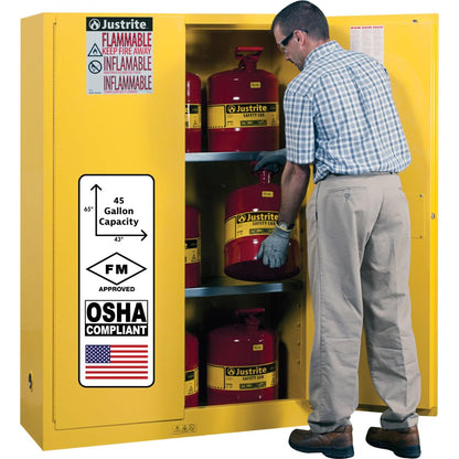 Justrite 45 Gallon Manual Close Flammable Storage Cabinet, 18 Gauge Steel, 2 Shelves, 2 Door Fire Cabinet, 65" x 43" x 18", Made in The USA, Yellow, 894500