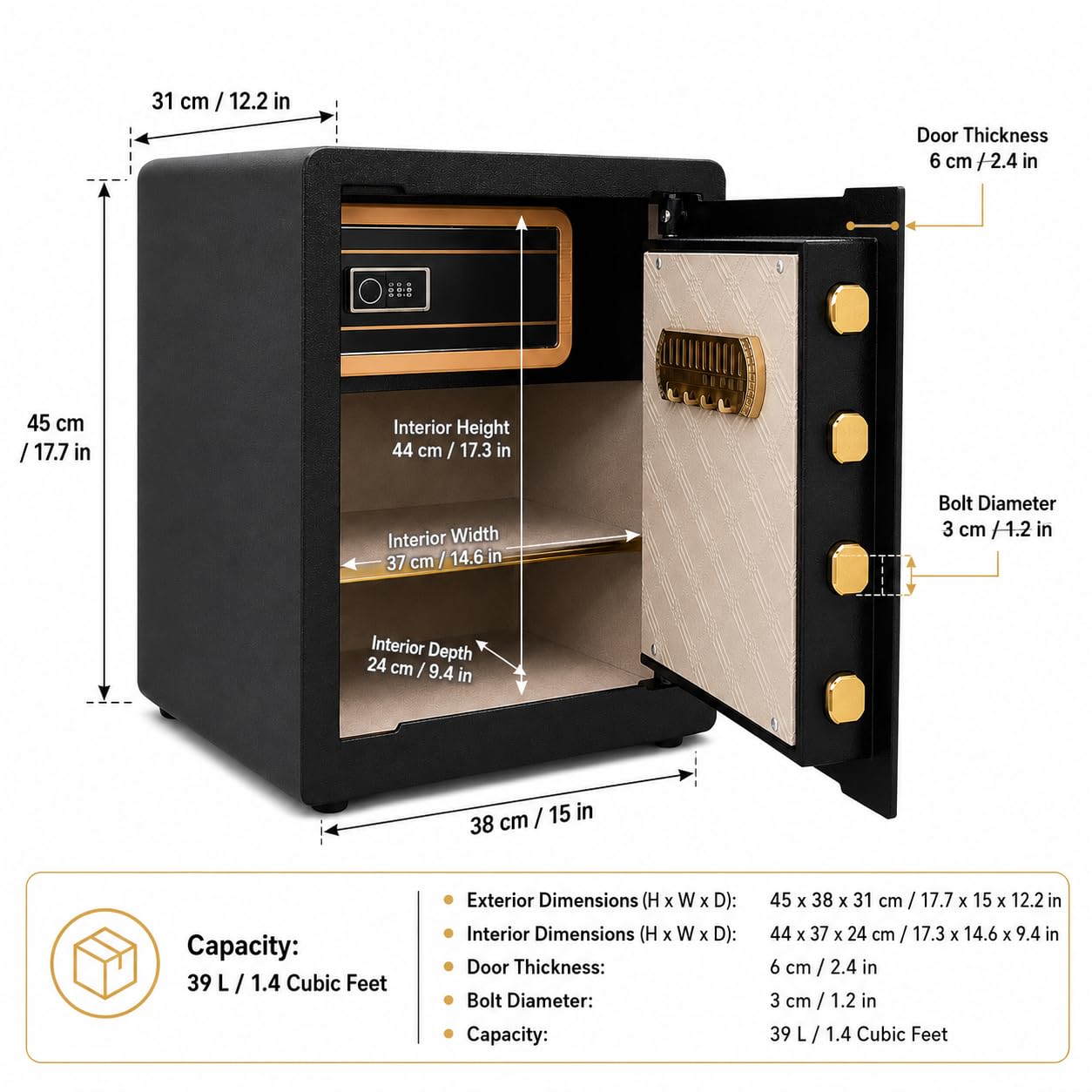 Safe Box, 17.7" Tall 1.4 Cubic Feet Home Office Safe with Built-in Safe Compartment, Security Cabinet Safe for Money Cash Valuables, Digital Electronic Keypad, Dual Alarm System, Removable Shelf