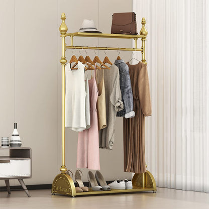 Clothing Rack Gold, Industrial Clothes Rack for hanging Clothes with Double Shelves Freestanding Multi-functional Heavy Duty Garment Rack, Metal Movable Coat Rack for Organizing Clothes Shoes