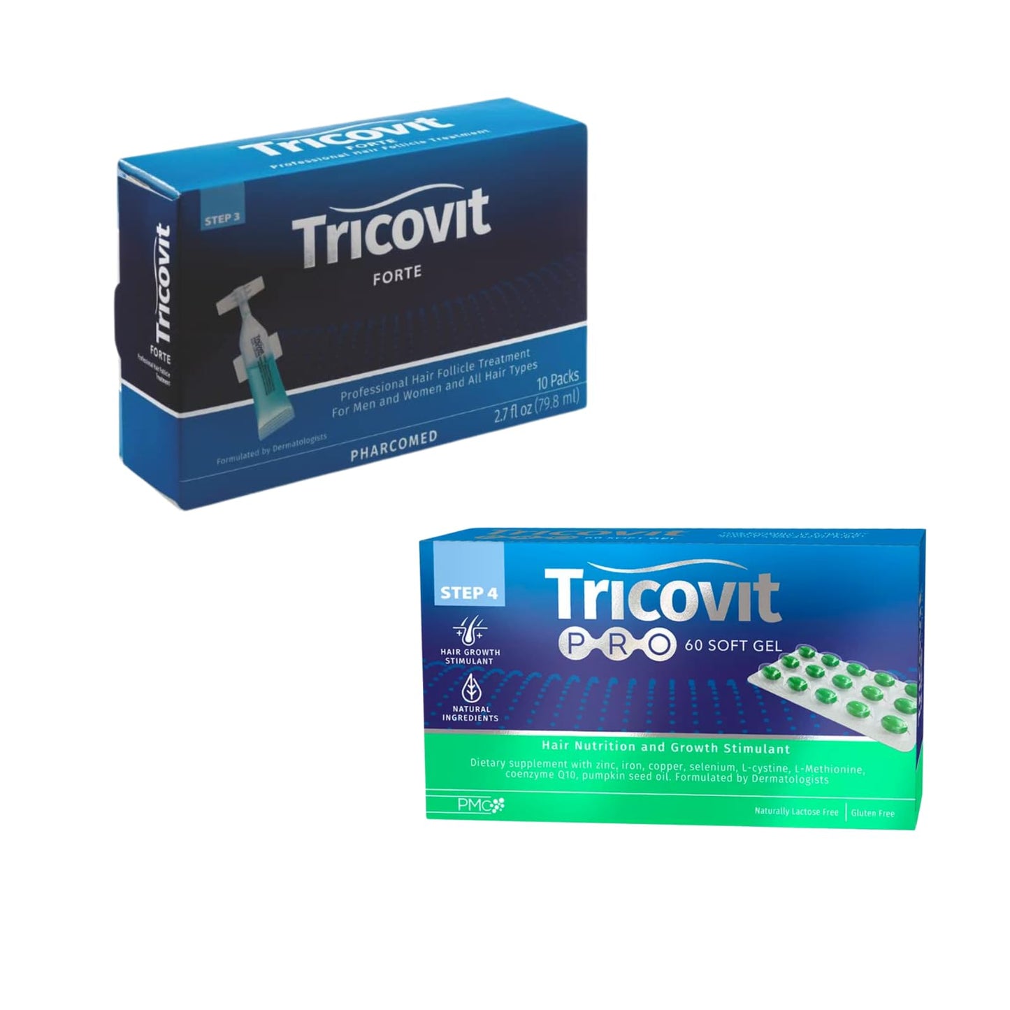 Tricovit Hormonal Emergency Kit - 1 Pro Hair Nutrition & Growth Stimulant Hair Supplement (60 gels) & 1 Forte Hair Lotion with Androgen and DHT Blockers for Thinning Hair and Hair Loss (10 packs)