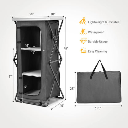 Giantex Folding Camping Storage Cabinet with 3 Shelves and Carry Bag, Portable Outdoor Organizer Kitchen Table, Quick Set-up for BBQ, Picnic, Backyard, Compact Pop-Up Cupboard, 47''H
