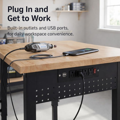 VUWIF 48" Workbench with Footpads, Adjustable Height Workbench with Rubberwood Top, Built-in Power Strip with 4 AC Outlets and 2 USB Ports, 2000 LBS Capacity for Garage, Workshop, and Home