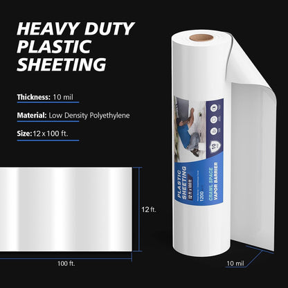 Crawl Space Vapor Barrier - 10 mil (12' x 100'), Thick Plastic sheeting, Drop Cloth Moisture Barrier Covering for Crawl Space Encapsulation, Blackout Plastic Painters Tarp, Black and White Panda Film