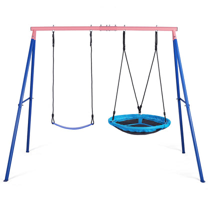 Lunafun Outdoor Swings for Kids, 440lbs, Heavy-Duty A-Frame Metal Outdoor Swing Stand, 1 Saucer & 1 Belt Swing Seat for Playground, Backyard Blue