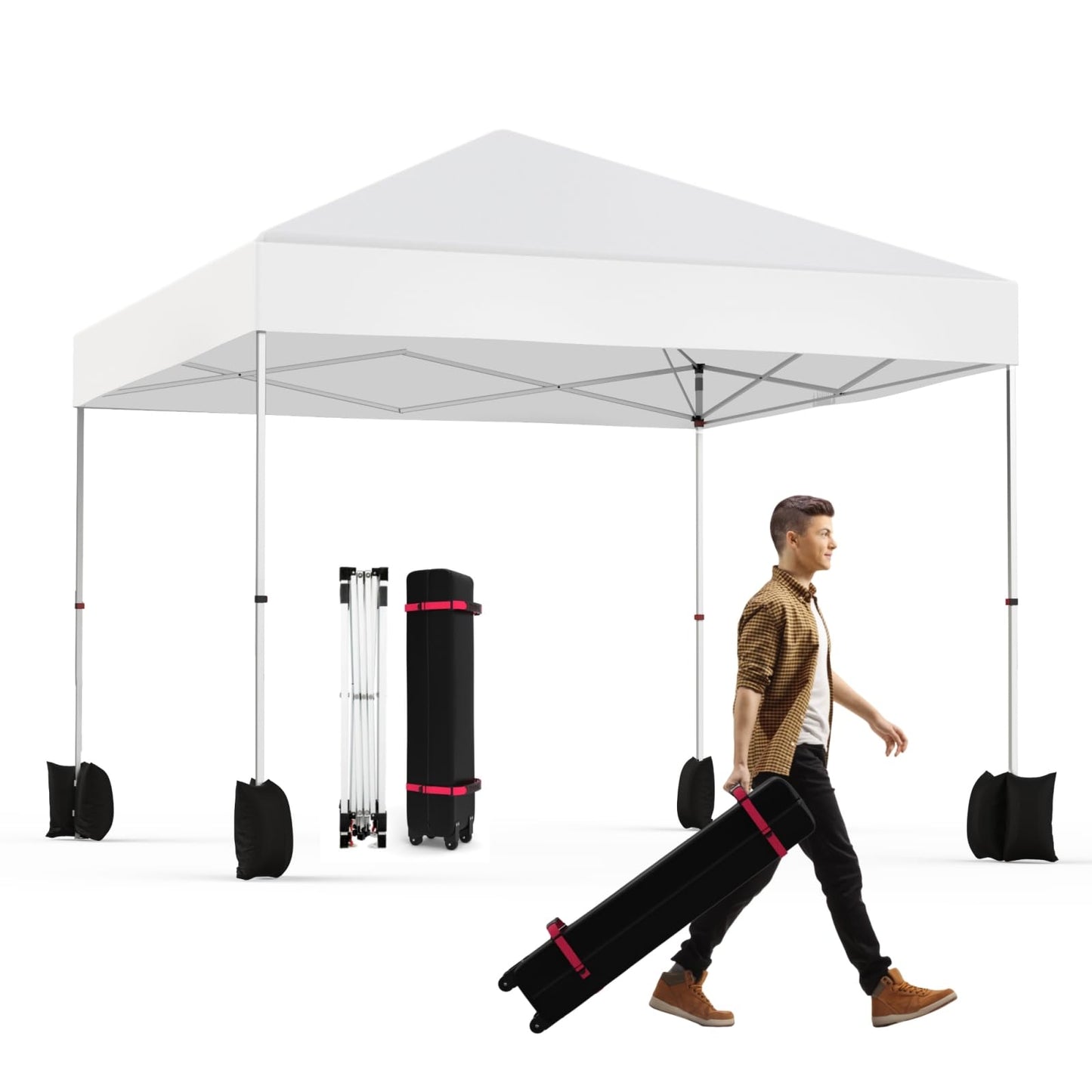 Hipicute Pop Up Canopy Tent 10x10ft, 1-Person Setup Instant Tent Shelter, Portable Commercial Outdoor Canopies w/Roller Bag, 4 Weight Bags 4 Ropes & 8 Stakes for Beach Events Parties Camping, White