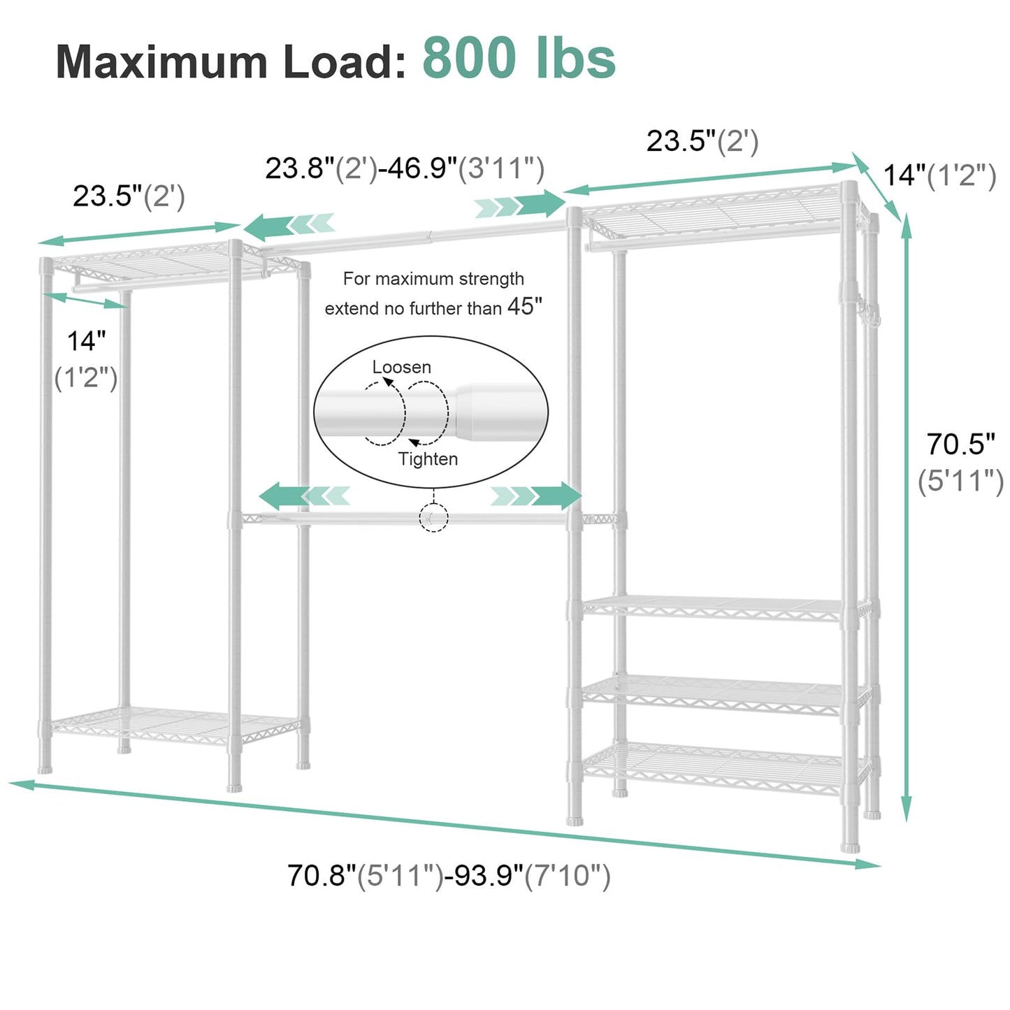 SEMHOR E06 Expandable Heavy Duty Clothes Rack for Reach-in Closet, Freestanding Clothing Racks with Shelves, Carbon Steel Closet Organizer System Adjustable from 70.8-93.9", Max Load 800LBS, White