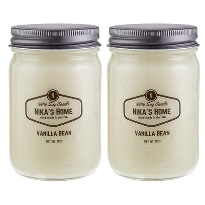 Nika's Home Vanilla Bean 12oz Mason Jar Soy Candles - 2 Pack - Hand Poured Handmade, Long Burning 50-60 Hours Highly Scented All Natural, Clean Burning Large Candle Gift Home Décor