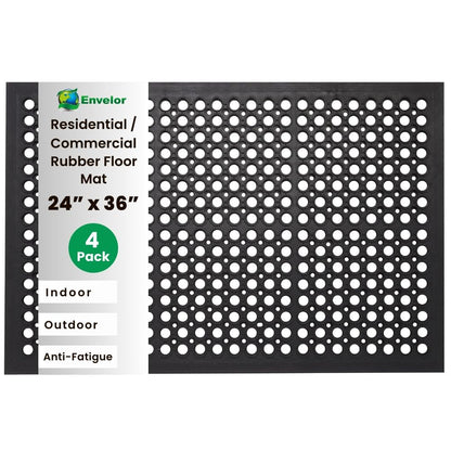 Envelor 4 Pack Anti Fatigue Mats for Kitchen Floor, Rubber Bar Mats, Non Slip Commercial Floor Mat with Drainage Holes, Indoor Outdoor Rubber Mat for Restaurant, Garage, Entryway 24 x 36 in