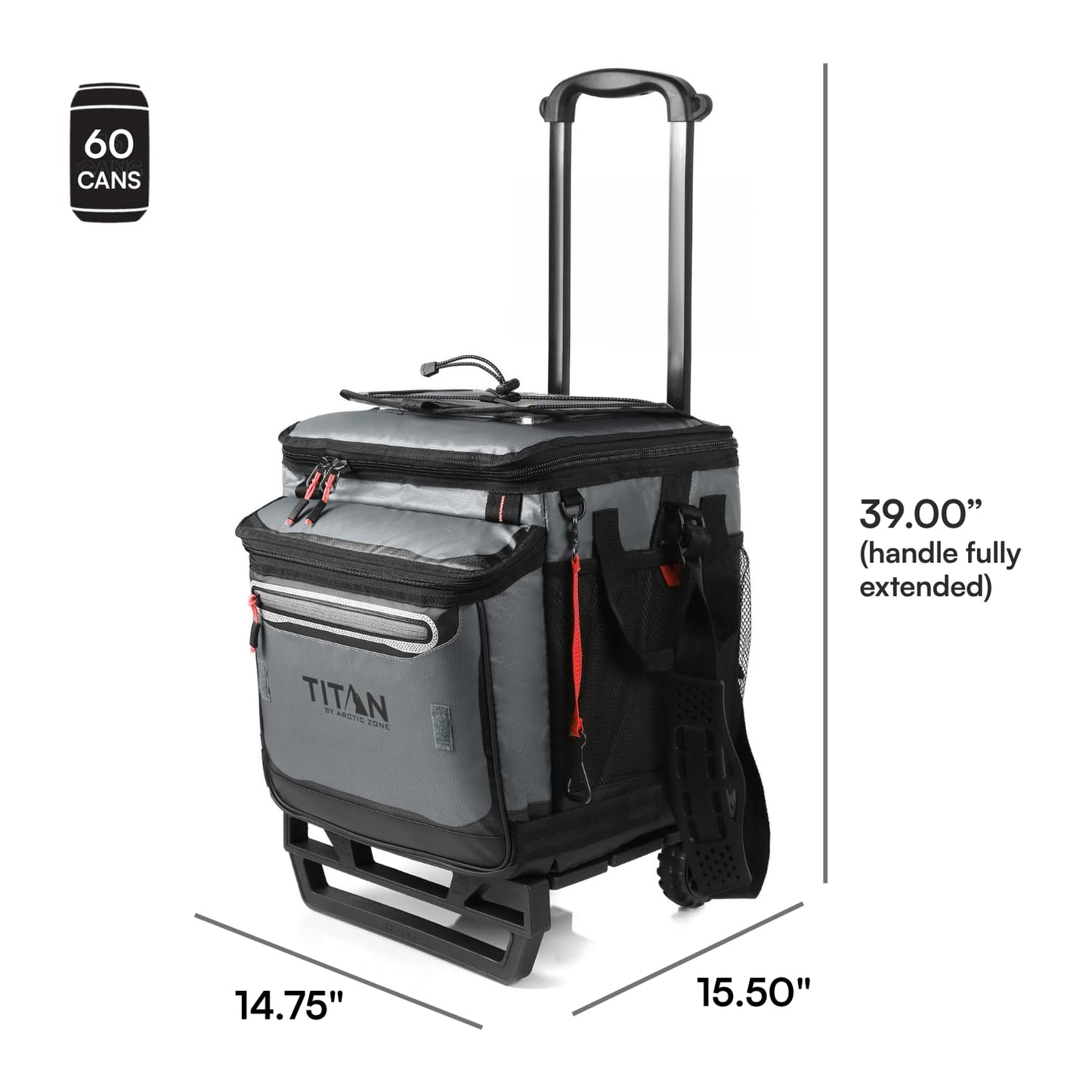 Titan by Arctic Zone Collapsible Wheeled Soft Sided Cooler with Detachable Rolling AT Cart, Insulated Bag with Leak Proof Lining, for Travel, Beach, Picnic, 60 Can Capacity, Sharkskin Grey