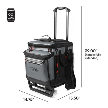 Titan by Arctic Zone Collapsible Wheeled Soft Sided Cooler with Detachable Rolling AT Cart, Insulated Bag with Leak Proof Lining, for Travel, Beach, Picnic, 60 Can Capacity, Sharkskin Grey