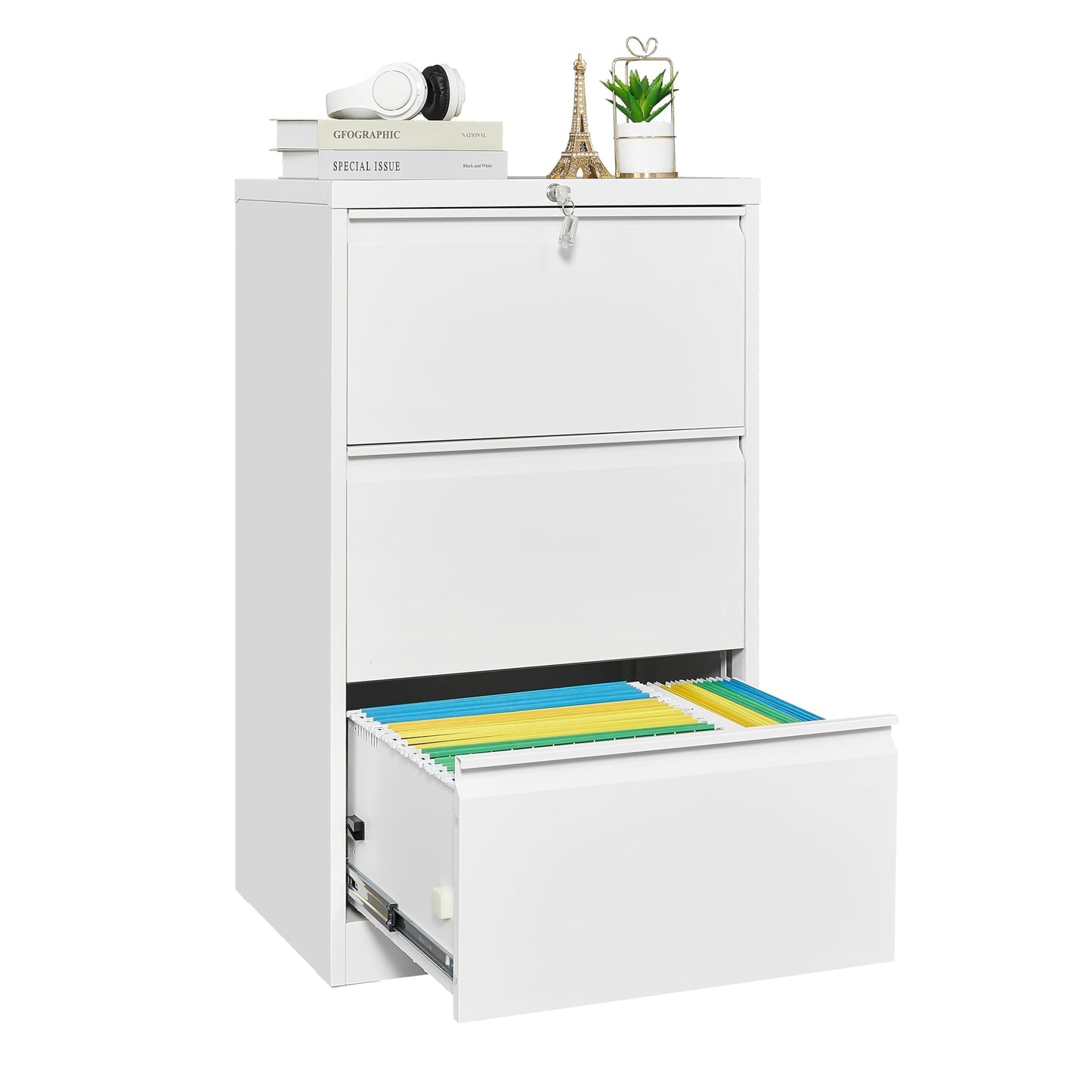 MilleLoom 3 Drawer Lateral File Cabinet Metal Lateral Filling Cabinet with Lock, Lockable File Cabinets for Home Office with Letter/Legal/F4/A4 Size Storage White