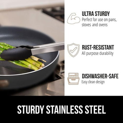 GORILLA GRIP Stainless Steel Kitchen Tongs - Heat Resistant, Non-Scratch Silicone Tips, Set of 2 | 7 & 9 Inch, Black