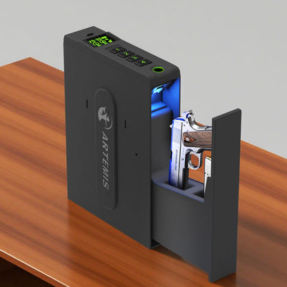 Biometric Slider Handgun Gun Safe for Home Nightstand,Cloakroom, Desk,Bed Side,Truck, Artemis Auto Sliding Door Hand Gun Safe for Pistol Unlock Fingerprint，Digital PIN，Key Access