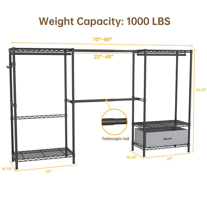 Golpart Coat Rack Clothes Wardrobe：Closet Organizer and Storage Clothing Garment Rack with Shelves Heavy Duty for Hanging Clothes Portable Adjustable Black 15.8" DX(70-88)" WX76.5 H