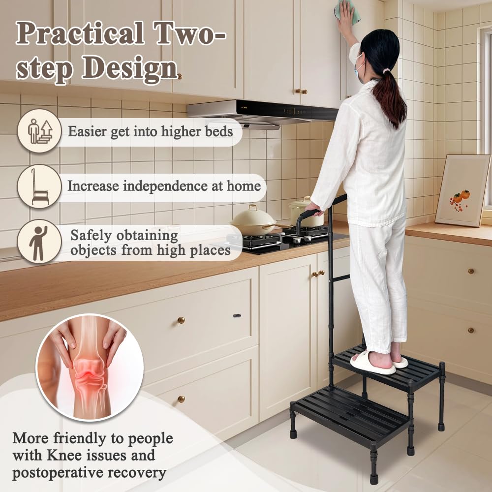 Bed Steps for High Beds for Adults Medical Step Stool with Handle Elderly Handicap Bedside Step Safety Car Step Stool with Handrail 2 Step Platforms Heavy Duty Foot Stool for RV, Kitchen, Bathtub