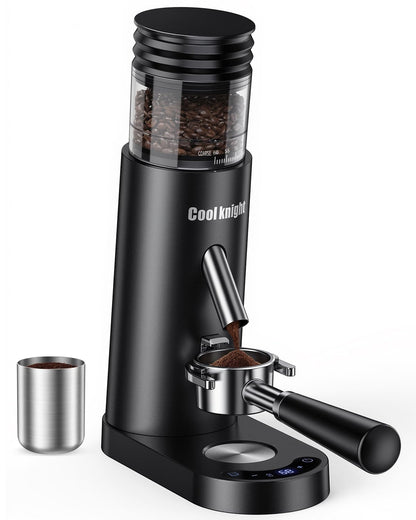 COOL KNIGHT Rechargeable Conical Burr Coffee Grinder, 60 Grind Settings & 5–98 Level Timer, Espresso Grinder with Bellows Hopper and Portafilter Holder, Easy to Clean