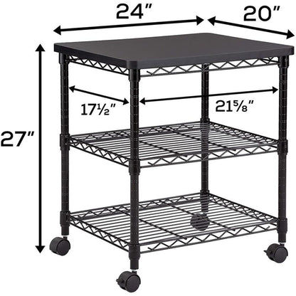 Safco Deskside 3 Tier Rolling Cart Printer Stand, Mobile Utility Table for Home Office with Steel Shelves, Black