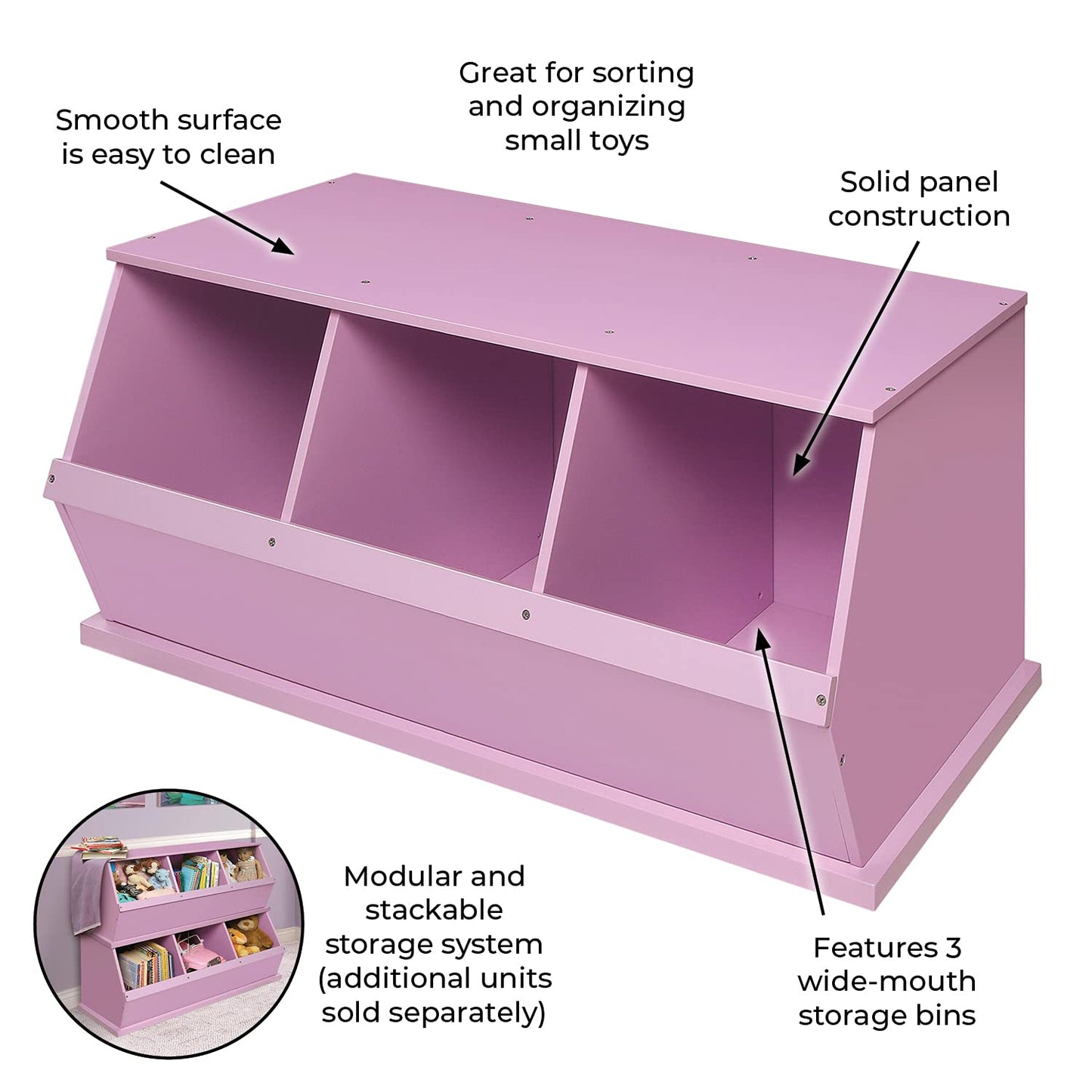 Badger Basket Stackable 3-Bin Storage Cubby - Modular Toy and Craft Organizer with Wide Mouth Bins, Expandable Design, Solid Panel Construction - Compatible with Other Units - Lilac