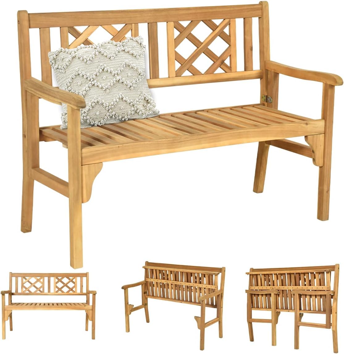 SPORFIT Rustic Garden Bench, Foldable Outdoor Bench with High Back & Armrest, 4 FT Acacia Wood Bench, 2-Person Loveseat Chair for Front Porch, Patio, Backyard & Park, Light Teak Finish