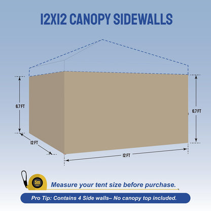 CROWN SHADES 12x12 Canopy Sidewalls (4pck) - Side Walls 12x12, Sidewalls for Canopy - Tent Accessories, Beige