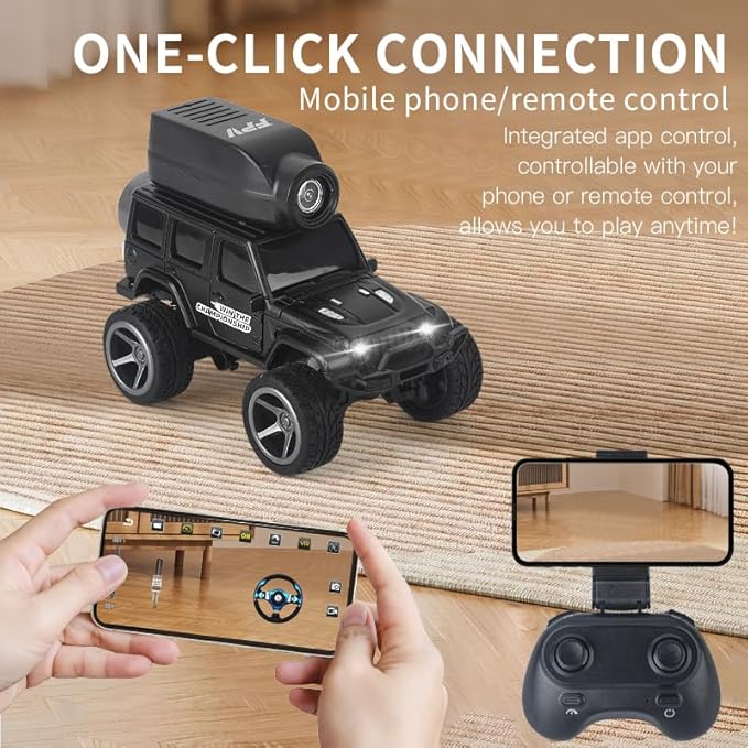 1:64 Mini Alloy Video RC Car – APP &amp Remote Control Built-in Camera for Real-Time Viewing Shock-Absorbing Climbing Design LED Lights 30m Range &amp 15min Runtime（Yellow）