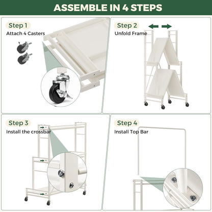 Plant Stand, 4-Tier Foldable Plant Shelf with 3 Shelves and Hanging Rod, Rolling Plant Stand with Wheels, No Assembly Flower Pot Stand for Indoor Outdoor, Sturdy Anti-Tip Plant Rack (Cream White)