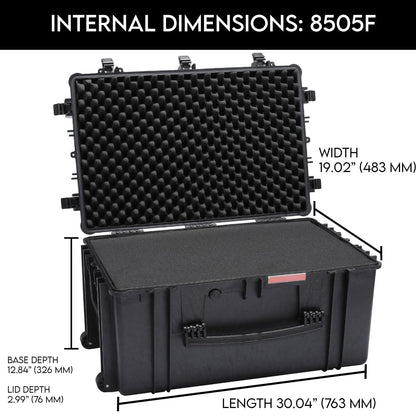 DCB Cases - Element 8505F | 34 x 22 x 17 Ext Dim | Waterproof | Pluck Foam Insert | Telescoping Handle | Rubberized Grips | Resin-Reinforced Injection Molded Plastic | 7 Latch Lid Close | Wheels