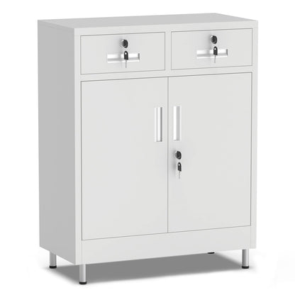 JINGUR Metal Storage Cabinet with Locking Doors and 2 Drawers, Lockable Storage Cabinet with Adjustable Shelf for Home Office Garage Entryway Pantry (White)