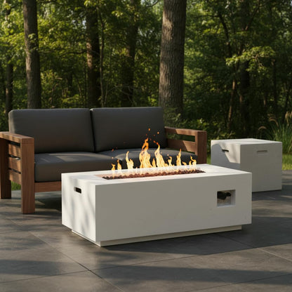 Christopher Knight Home Rado Outdoor Propane Fire Pit Table with Lava Rock, No Assembly Light Concrete Tank Table for Patio, 40000 BTU, Rectangular Tabletop Fire Pit Outdoor, Patio Fire Table, White