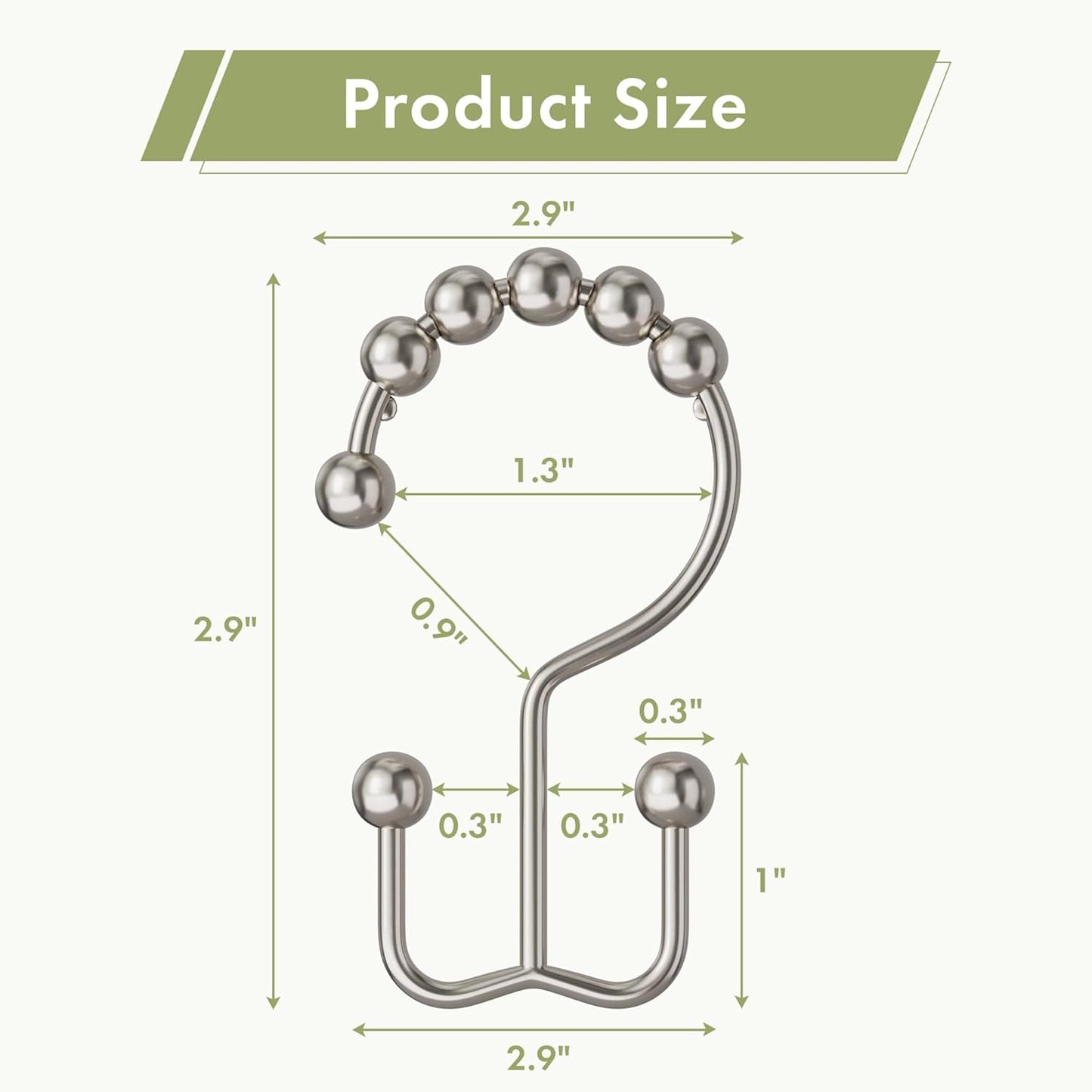 Amazer Shower Curtain Hooks - 12PCS Rust-Resistant Metal Double Rings for Smooth Rolling | Nickel Finish