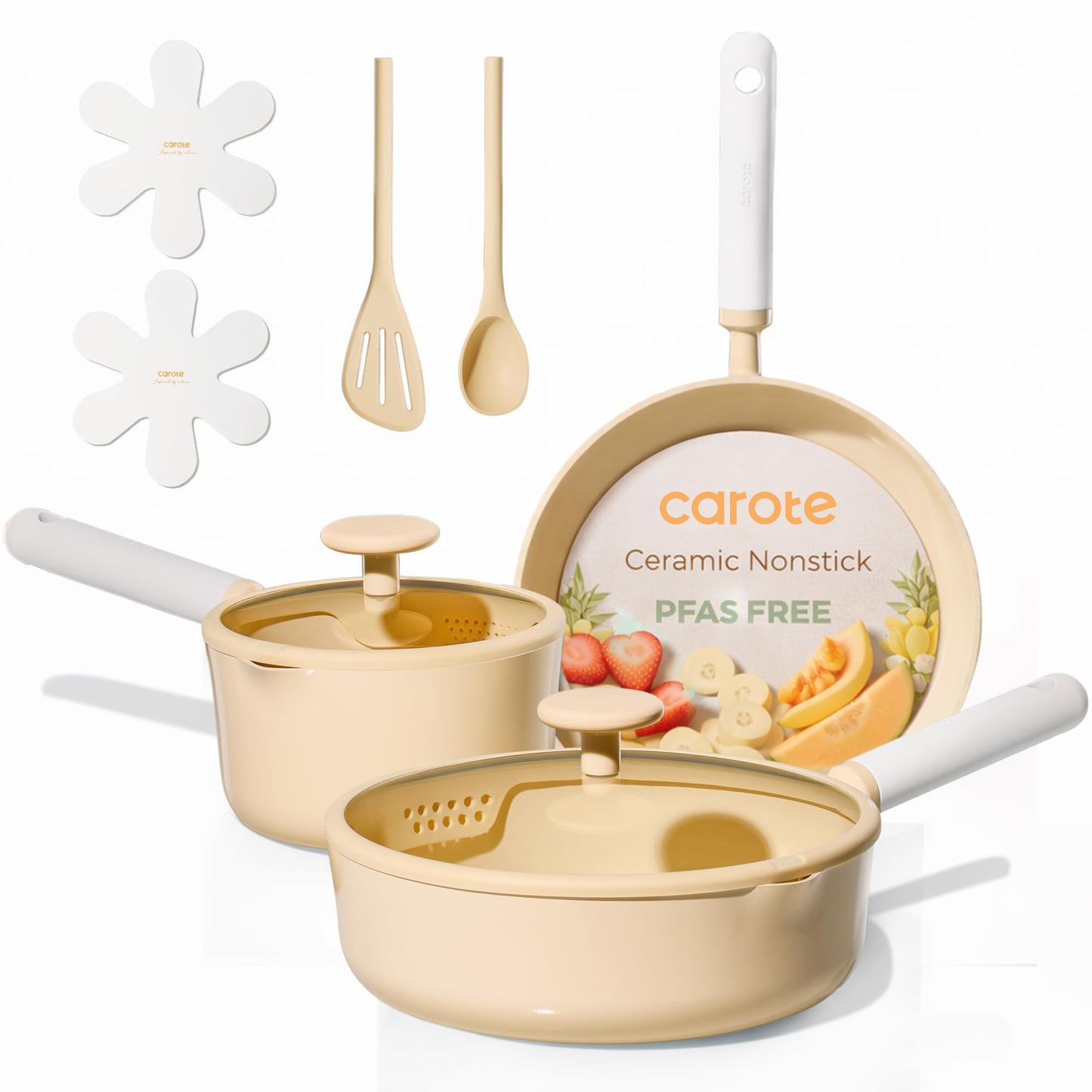 CAROTE Ceramic Cookware Set Nonstick, 9pcs Pots and Pans Set Non stick, Non-Toxic & PFAS-Free,Dishwasher, RV/Camping Cookware Set,Sauce Pan with Lid, Yellow
