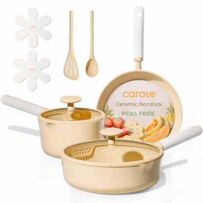 CAROTE Ceramic Cookware Set Nonstick, 9pcs Pots and Pans Set Non stick, Non-Toxic & PFAS-Free,Dishwasher, RV/Camping Cookware Set,Sauce Pan with Lid, Yellow