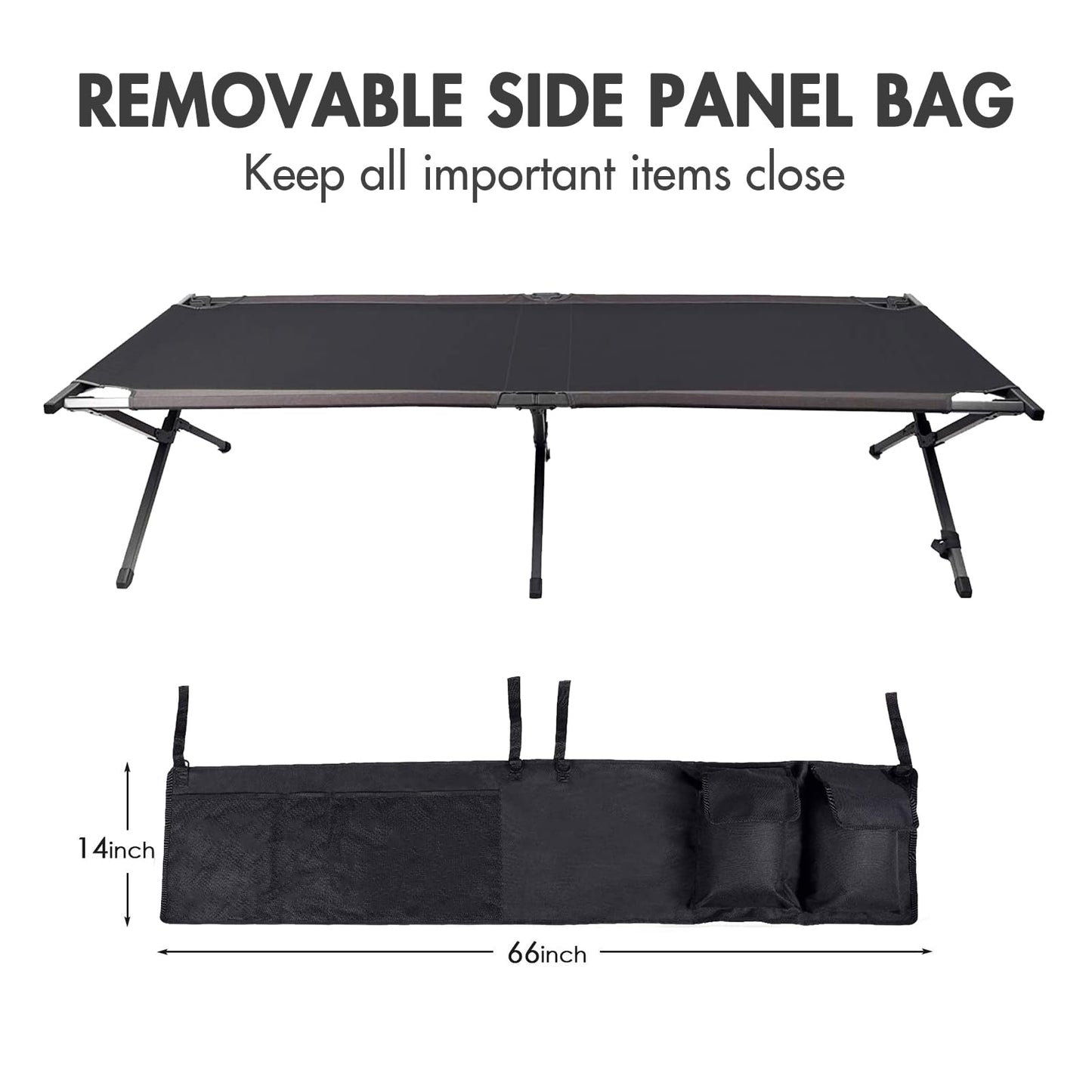 Portal Folding Portable Camping Cot, Guest Bed with Carry Bag and Side Storage Organizer, Camping Cots for Adults Sleeping, Away Tent Sleeping Cot Bed, Supports 300 LBS, Black