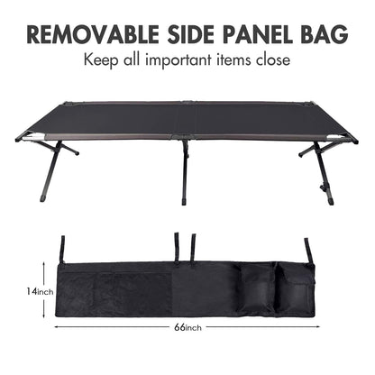 Portal Folding Portable Camping Cot, Guest Bed with Carry Bag and Side Storage Organizer, Camping Cots for Adults Sleeping, Away Tent Sleeping Cot Bed, Supports 300 LBS, Black