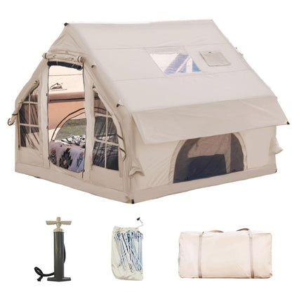 Romantic Camp Inflatable Camping Tent with Pump,4-6 Person Waterproof Blow Up Air Tent for Camping Hiking,Easy to Set Up 4-Season Inflatable House Tent with Oversized Canopy(75FT²).