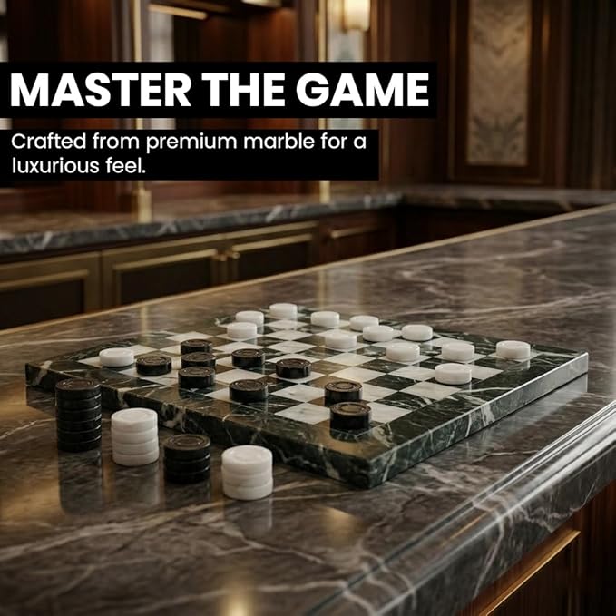 Marble Chess and Checker Pieces Set with Free Storage Box Collection (White Black)
