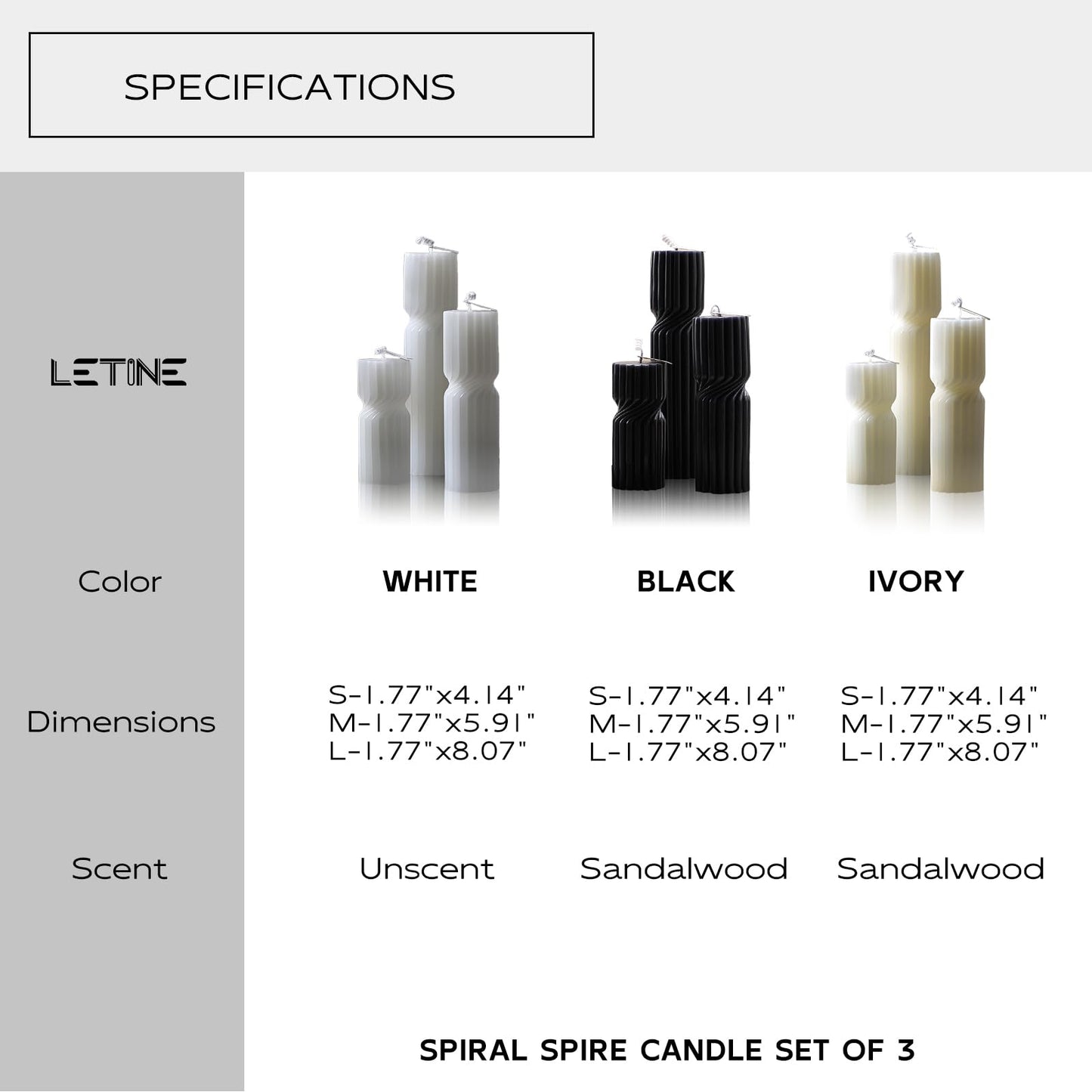 LETINE Ribbed Pillar Candles Set of 3 - White Unscented Soy Wax Spiral Spire Candles for Home Decor, Bulk Candles for Entryway Table, Living Room, Shelf & Coffee Table Decor Aesthetic