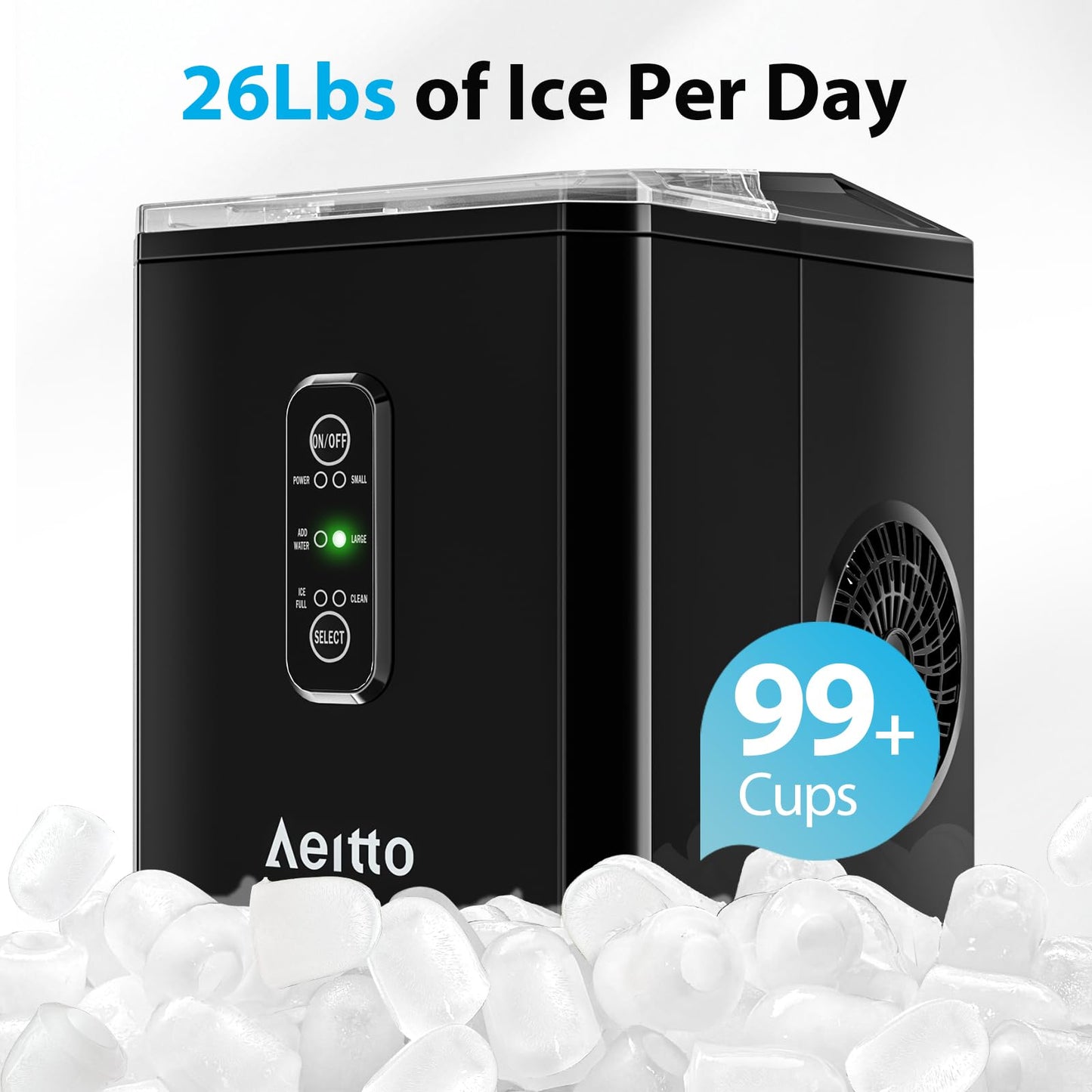 Aeitto Ice Makers Countertop, 9 Ice Cubes Release in 6 Mins, 26Lbs/24H, 2 Sizes of Bullet Ice Machine,Self-Cleaning Portable Ice Maker with Ice Scoop and Basket for Home Kitchen Office Bar RV, Black