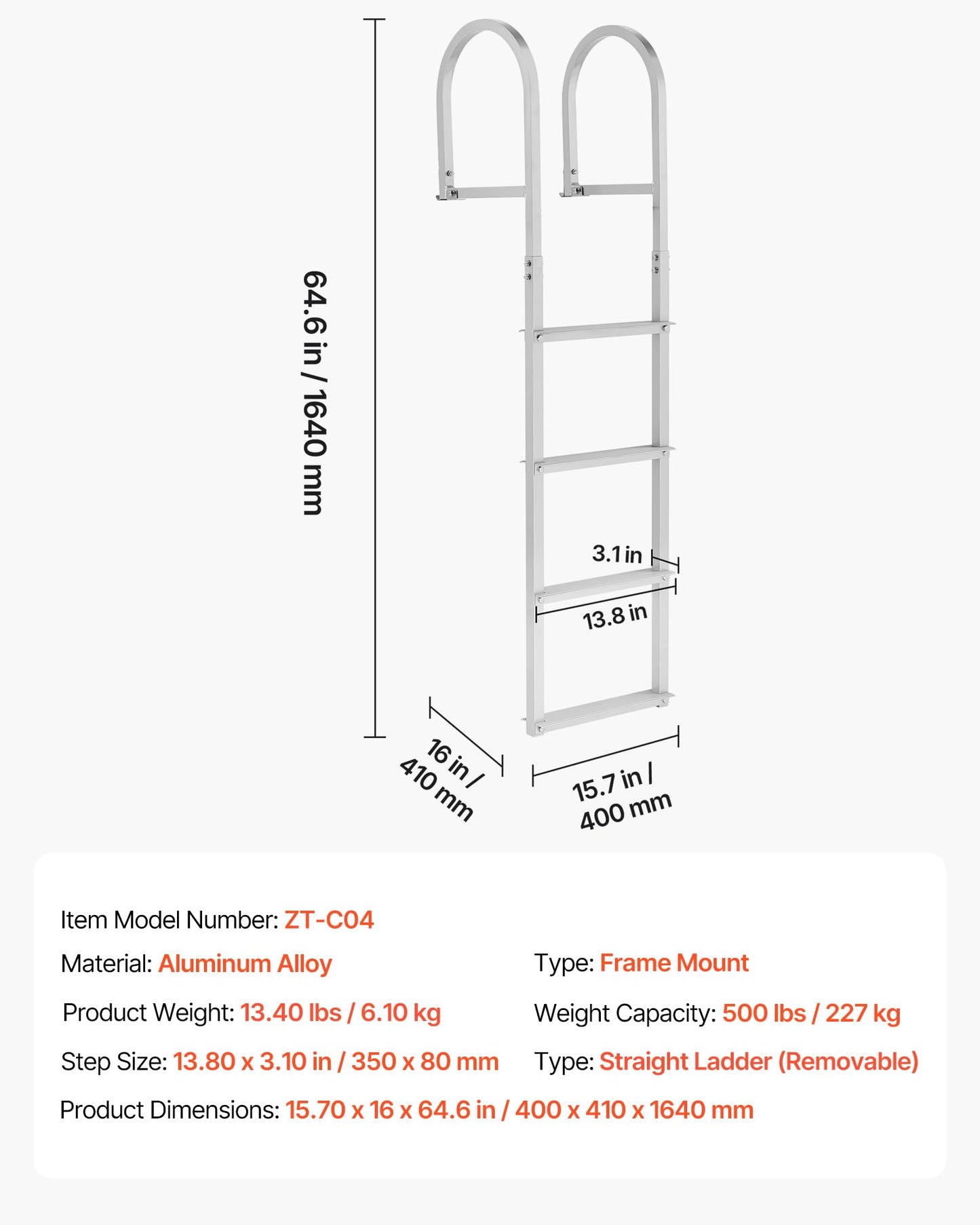 VEVOR Removable Dock Ladder, 4 Steps, Aluminum Alloy Pontoon Boat Swim Ladder, with Non-Slip Wide Steps, 500 lbs Weight Capacity, Quick Release Design, for Lake Swimming, Pool, Boat, Marine Boarding