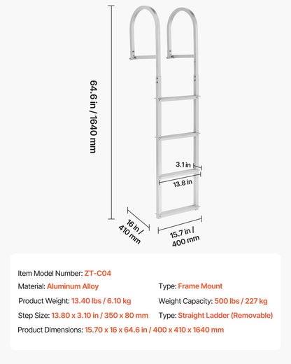 VEVOR Removable Dock Ladder, 4 Steps, Aluminum Alloy Pontoon Boat Swim Ladder, with Non-Slip Wide Steps, 500 lbs Weight Capacity, Quick Release Design, for Lake Swimming, Pool, Boat, Marine Boarding